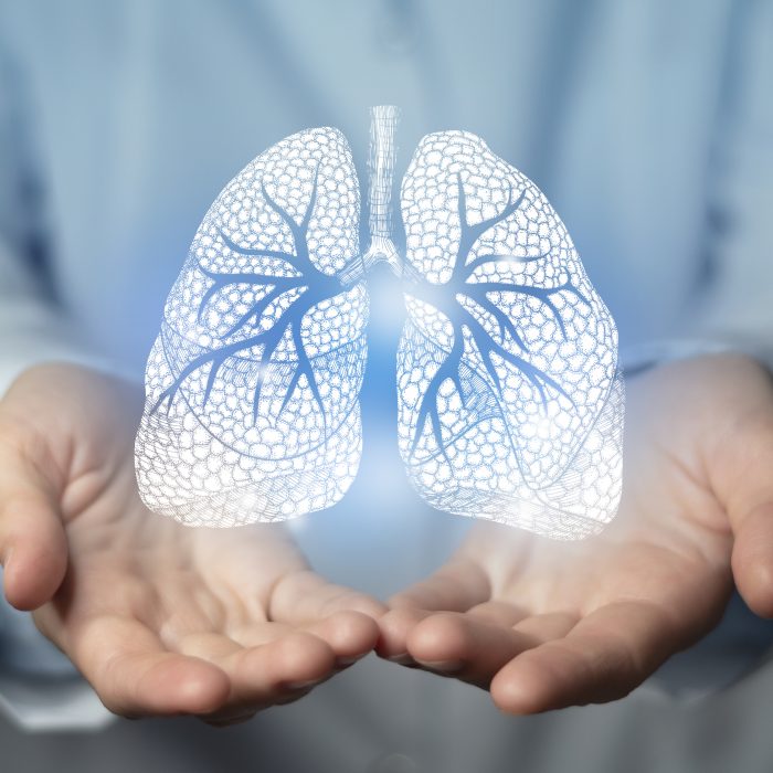 Lungs issues medical concept. Photo of female doctor, empty space.
